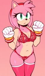 ai_generated amy_rose big_breasts clenched_hands clothed confused confused_look confusion curvy female gloves green_eyes hairband lingerie pink_background pink_fur pink_hair pixai red_hairband rings rings_on_wrists solo sonic_(series) sonic_the_hedgehog_(series) thighhighs white_gloves