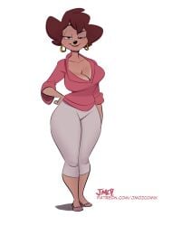 1girl anthro black_nose breasts capri_pants cleavage clothed earrings female furry furry_female goof_troop hoop_earrings hourglass_figure jmoz large_breasts looking_at_viewer mature_female milf narrow_waist no_bra peg_pete plunging_neckline solo wide_hips