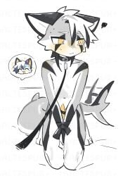 2025 2_penises animal_humanoid anthro blush bodily_fluids bottomless bow_ribbon clothed clothing collar colored digital_drawing_(artwork) digital_media_(artwork) diphallia diphallism emanata embarrassed erection fin fish fish_humanoid frustration_cloud fur fur_markings genitals hair heart_symbol hi_res humanoid kaltespur leash leashed_collar looking_away male male/male mammal marine marine_humanoid markings multi_genitalia multi_penis nude nude_male offscreen_character penis shark shark_humanoid shark_tail shy simple_background solo_focus sweat tail tail_fin tail_motion tailwag topless watermark