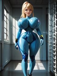 1girls ai_generated alternate_breast_size animated arms_at_sides ass_visible_through_thighs blonde_hair blue_bodysuit blue_eyes bodysuit breasts cameltoe curvy female female_only full_body hallway high_ponytail huge_breasts impossible_bodysuit impossible_clothes light-skinned_female lips long_hair looking_at_viewer metroid mole mole_under_mouth narrow_waist no_sound ponytail samus_aran shiny_clothes shoes skin_tight sneakers solo standing tagme thick_thighs thighs trinity_vermilion video wide_hips window zero_suit