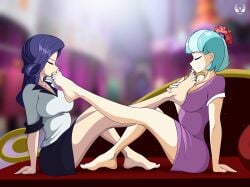 2girls bare_legs barefoot black_skirt blue_hair bronypanda closed_eyes coco_pommel coco_pommel_(mlp) fanfic_art feet female/female female_only flower_in_hair foot_fetish foot_worship hasbro high_resolution holding_foot humanized large_breasts large_feet lesbian_couple light-skinned_female light_blue_toenails mutual_foot_worship mutual_yuri my_little_pony my_little_pony_friendship_is_magic on_couch purple_dress purple_hair purple_toenails rarity_(mlp) toe_in_mouth toe_kiss toe_sucking white_shirt yuri