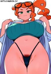 1girls ai_generated breasts cameltoe female female_focus female_only hiita_(artist) large_breasts light-skinned_female light_skin looking_at_viewer nintendo pokemon pubic_hair solo sonia_(pokemon) thick_thighs thighs wide_hips