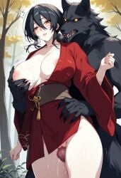 ai_generated black_hair blush breast_grab breasts brown_hair female huge_breasts imminent_sex kimono kurenai_(red_ninja) large_breasts nipples pale-skinned_female red_clothing red_kimono red_ninja red_ninja_end_of_honor short_hair short_kimono surprised werewolf