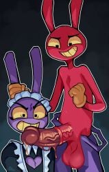 absurd_res anthro anthro_on_anthro balls big_balls big_penis black_clothing black_dress bodily_fluids cleavage_cutout clenched_teeth clothed clothing cutout diegothepig dress duo ear_grab erection evil_jax_(tadc) femboy fist fur gay gay_male genital_fluids genitals glitch_productions gloves handwear hi_res huge_balls huge_cock humanoid_genitalia humanoid_penis hybrid_genitalia hybrid_penis imminent_sex intraspecies jax_(tadc) kneeling_oral_position lagomorph leporid looking_at_another looking_down maid_headdress maid_jax_(the_amazing_digital_circus) maid_uniform male male/male mammal medial_ring medial_ringed_humanoid_penis medial_ringed_hybrid_penis open_overalls overalls penis precum purple_body purple_clothing purple_fur purple_overalls questionable_consent rabbit red_balls red_body red_fur red_penis selfcest square_crossover teeth the_amazing_digital_circus topless uniform vein veiny_penis white_clothing white_dress yaoi yellow_clothing yellow_gloves yellow_handwear yellow_sclera yellow_teeth