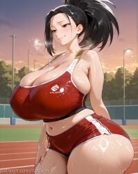 ai_generated belly_button black_hair blush boku_no_hero_academia evening gym_clothes gym_clothing gym_shirt gym_shorts huge_ass huge_breasts long_hair massive_breasts momo_yaoyorozu my_hero_academia one_hand_behind_ass one_hand_on_hip plump rarcynn red_shirt red_shorts short_shorts smile stadium_background standing steam steamy steamy_breath thick_thighs wet wet_body wet_breasts wet_skin wide_hips