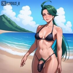 1futa ai_generated ball_hair beach bikini earrings flaccid flaccid_penis flordulce futa_only futanari green_hair hairy_balls hairy_testicles long_hair outdoors penis pokemon pokemon_sv pubic_hair pubic_hair_peek red_eyes rika_(pokemon) seductive seductive_look seductive_smile solo_futa standing testicles