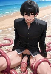 1boy absurd_res ai_generated beach beach_background big_penis black_eyes black_hair chainsaw_man chasity_cage drooling hirofumi_yoshida octopus open_mouth penis precum precum_drip school_uniform sitting solo tentacle tentacle_around_leg tentacle_around_penis water