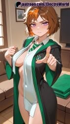 1girls 2025 ai ai_assisted ai_generated anime anime_girl anime_style artist_name bangs blush breast breasts breasts breasts bust chest closed_mouth coat electroworld eyebrows_visible_through_hair female harry_potter harry_potter:_hogwarts_mystery hi_res high_quality high_resolution highres indoors jacket looking_at_viewer merula_snyde necktie no_panties open_clothes open_coat open_shirt patreon patreon_username pointing pointing_at_viewer purple_eyes shirt short_hair solo stable_diffusion standing watermark