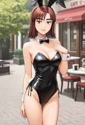 ai_generated black_heels black_leotard bowtie bunny_ears bunny_girl bunny_tail cafe cleavage collarbone cowboy_shot female happy initial_d kyoko_iwase light_smile medium_breasts outdoors sexy_pose thick_eyebrows wrist_cuffs