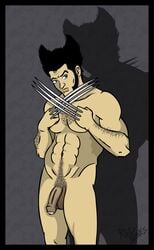 1boy chest_hair flaccid_penis foreskin james_howlett looking_away male male_only marvel marvel_comics muscular muscular_male nude_male penis pubic_hair red_bones solo standing straight_hair uncircumcised uncut wolverine_(x-men) x-men yaoi