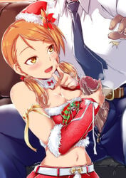 1boy aijoriku breasts brown_eyes brown_hair christmas cleavage detached_collar detached_sleeves female finger_to_mouth handjob hat head_out_of_frame houjou_karen idolmaster idolmaster_cinderella_girls long_hair male midriff necktie open_mouth penis producer_(idolmaster) ribbon santa_hat smile straight