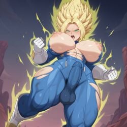 1futa ai_generated blonde_hair blue_tights, buff c.c.leah enigma_of_sepia genderbent huge_breasts huge_thighs mobile_game muscular_female super_saiyan super_saiyan_2 vespera vespera_(enigma_of_sepia)