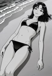 ai_generated beach black_bikini female flexing initial_d light_smile looking_at_viewer manga_style monochrome ocean omi_tsugumi sitting skinny slim_body slim_waist