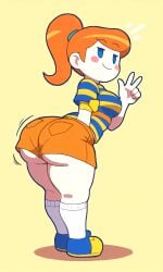 aged_up ai_generated bent_over big_ass big_breasts blue_eyes blue_hair_tie blue_shoes blush blush_stickers claus claus_(earthbound) clothed female ginger ginger_hair hair_tie hand_in_shorts kneehighs looking_at_viewer lowered_eyelids mob_face mother_(series) mother_3 motion_lines multicolored_shoes orange_background orange_hair orange_shorts peace_sign pixai ponytail rule_63 shirt shorts simple_background smile smug solo striped_shirt t-shirt tomboy