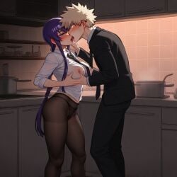 1girls ai_generated apron blue_hair boku_no_hero_academia crossover highschool_of_the_dead katsuki_bakugou kitchen my_hero_academia saeko_busujima