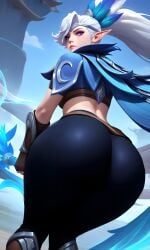 ai_generated ass_focus elf female miya miya_(mobile_legends) mobile_legends pants pixai ponytail purple_eyes white_hair