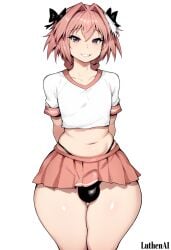 ai_generated astolfo_(fate) femboy looking_at_viewer luthenai penis_bulge thick_thighs voluptuous_femboy wide_hips