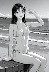 ai_generated beach female flexing initial_d light_smile looking_at_the_viewer manga_style monochrome ocean omi_tsugumi sitting skinny slim_body slim_waist swimsuit_bikini