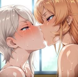 ai_generated blush cousins crying dirty_blonde_hair incest kissing naked nakiri_alice nakiri_erina nude pink_eyes shokugeki_no_souma short_hair sweat white_hair yuri