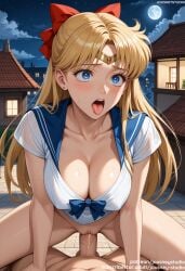 1boy ai_generated aino_minako bangs bishoujo_senshi_sailor_moon blonde_hair blue_bow blue_eyes blue_sailor_collar blush bottomless bow breasts building circlet cleavage clothed_sex clothing cloud cowgirl_position cowgirl_position earrings female female full_moon hair_ornament hairbow jewelry jousneystudio large_breasts long_hair looking_at_viewer male minako_aino moon night night_sky nipples on_top open_mouth outdoors penis pov red_bow sailor_collar sailor_moon_(series) sailor_senshi_uniform sailor_venus saliva school_uniform sex shirt short_sleeves sky solo_focus spread_legs star_(sky) starry_sky straddling straight sweat teeth thighs tongue tongue_out uncensored uniform vagina vaginal_penetration