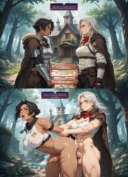 2futas ahe_gao ai_generated angry_face armor azesia choice cum cum_in_ass cum_inside dark-skinned_futanari dialogue dialogue_box edit edited fantasy forest_background futa_on_futa futadom futanari gameplay_mechanics rpg smile story text white_skin