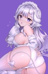 1girls animal_ears ass backless_leotard bare_shoulders blue_background blue_eyes blush breasts demon_girl demon_horns demon_tail detached_sleeves diamond-shaped_pupils diamond_(shape) earrings flying_sweatdrops from_below grey_eyes grey_hair heterochromia highres horns indie_virtual_youtuber jewelry large_breasts leotard long_hair looking_at_viewer looking_back maid_headdress neit_ni_sei nose_blush open_mouth purple_eyes sheep_ears sideboob solo symbol-shaped_pupils tail thighhighs thighs triangle_mouth very_long_hair virtual_youtuber white_horns white_leotard white_sleeves white_tail white_thighhighs yumeri_alp