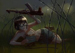 1girls ak-47 akm akms anti-personnel_mine anti-personnel_weapon assault_rifle barbed_wire belt black_hair black_shorts brown_eyes brown_socks check_weapon erica_(naze1940) explosive flare_gun glasses grass gun highres kalashnikov_rifle lying m18_claymore_mine mine_(weapon) night on_side original outdoors rifle short_hair shorts socks solo topless viet_cong vietnam_war weapon weapon_request