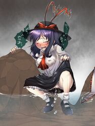 1girls black_skirt blush closed_eyes clothing egg egg_laying erect_nipples female hat iku_nagae mkz open_mouth purple_hair pussy saliva short_hair skirt skirt_lift solo spread_legs squatting sweat tear tears touhou trembling uncensored water wet wet_clothes white_shirt