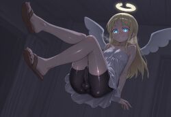 1futa ai_generated angel_wings bike_shorts blonde_hair blue_eyes broken_halo crimvael dark_room erection_under_clothes floating futanari glowing_eyes halo ishuzoku_reviewers jouthechou more_at_source penis sandals small_breasts smile testicles visible_breath white_dress