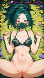 1girls 2025 ai ai_assisted ai_generated akali anime anime_style artist_name asian bangs bare_arms bare_shoulders bottomless bra breasts bust busty cleavage collarbone female female_focus female_only female_solo flower from_above grass green_bra green_hair hands_up hentai hi_res high_ponytail high_quality high_resolution highres labia labia_majora league_of_legends league_of_legends:_wild_rift lingerie long_hair looking_at_viewer lying mask medium_breasts mouth_mask natsuyoru navel ninja_mask non-asian on_back on_grass paipan patreon ponytail purple_flower pussy red_eyes riot_games shaved_vagina shiny shiny_skin solo solo_female spread_legs stable_diffusion stomach thighs uncensored underwear underwear_only vagina voluptuous voluptuous_female yellow_flower