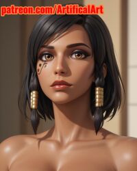 1girls ai_generated artifical_art athletic_female black_hair brown_skin curvy_female curvy_figure dark-skinned_female egyptian egyptian_female eye_tattoo eyeliner facial_markings hair_ornament mascara orange_eyes overwatch overwatch_2 pharah