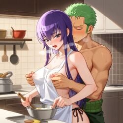 1girl ai_generated apron artist_request blue_hair clothing crossover female highschool_of_the_dead kitchen male one_piece roronoa_zoro saeko_busujima