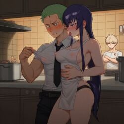 1girl ai_generated apron artist_request blue_hair clothing crossover female highschool_of_the_dead kitchen male one_piece roronoa_zoro saeko_busujima