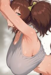 ai_generated animal_ears armpits big_breasts brown_hair female green_eyes hair_accessory hair_ornament hikimayu horse_girl inari_one_(umamusume) sideboob tank_top twintails twintails umamusume umamusume_pretty_derby