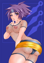 2dcg ass black_panties blush bodysuit breasts cleavage curvy female finger_to_mouth fishnet_bodysuit fishnets from_behind headband jpeg_artifacts kunai large_breasts leaning_forward looking_back miniskirt mitarashi_anko naruto ninja nipples open_mouth panties pantyshot pantyshot_(standing) ponytail purple_eyes purple_hair see-through short_hair skirt skirt_lift solo spiked_hair standing thighs tied_hair underwear weapon