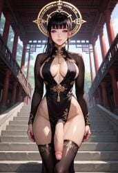 1futa ai_generated black_hair china_dress columns female futa_only futanari goddess halo large_breasts large_penis original_character self_upload solo solo_futa stairs temple thighhighs wide_hips zarastinia