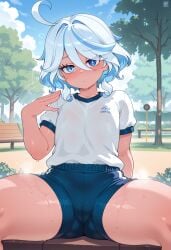 1girl ai_generated bloomers fanning_self female flat_chest furina_(genshin_impact) gym_clothes gym_uniform looking_at_viewer sole_female solo sweat thick_thighs white_shirt