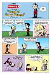 1boy 1girls 2010 bait_and_switch black_hair charles_m._schulz chibi cockblock comic english_dialogue english_text female gary_thompson gisele_lagace giz glasses male menage_a_3 multicolored_hair outdoors parody parody_comic peanuts pussy speech_bubble suzi_nielsen vagina vagina_ball webcomic zii