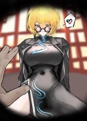 1boy1girl blonde_female blonde_hair breasts chinese_clothes cowgirl_position don_quixote_(limbus_company) female_on_top glasses heart large_breasts limbus_company noroma_u penetration pov project_moon reverse_rape riding round_glasses smile smug smug_grin straddling thigh_slit thighs vaginal_penetration