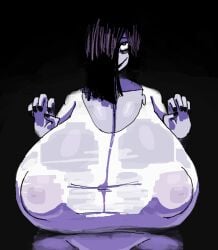 1female 1girls creepy dark_hair enormous_breasts female female_focus female_only ghost_girl hair_over_one_eye huge_areola interracial large_breasts lewdicrousart looking_at_viewer massive_breasts nipple_bulge nipple_outline nipples nipples_visible_through_clothing purple_nipples sadako_yamamura spirit thick yamamura_sadako