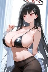1girls ai_generated big_breasts black_hair blue_archive blush breasts collar female halo long_hair looking_at_viewer navel nikumist panties red_eyes rio_(blue_archive) solo_female sweat sweatdrop