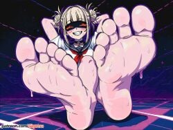 ai_generated arms_behind_back barefoot blonde_hair boku_no_hero_academia evil_eyes feet foot_fetish foot_focus gesugao gigatsu himiko_toga school_uniform seductive seductive_look sole_female soles sweat toes vaporwave