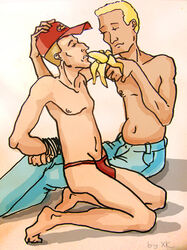 banana boomhauer bulge dale_gribble feeding food forced_oral gay hand_on_head hands_behind_back hands_tied king_of_the_hill male mostly_nude multiple_males shirtless tagme thong yaoi