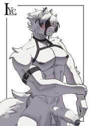 anthro blush canid canine canis eye_patch eyewear genitals harness hi_res male male_only mammal mihoyo muscular muscular_anthro muscular_male nipples pecs penis penis_tip side_view solo solo_male the_lycander von_lycaon white_body wolf zenless_zone_zero