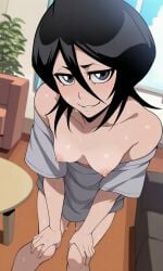 1girl ai_generated black_hair bleach bleach:_the_thousand-year_blood_war blush bottomless cute kuchiki_rukia leaning_forward looking_at_viewer nipples partially_clothed purple_eyes shiny_skin shirt short_hair small_breasts smile solo sweat sweatdrop sweating sweaty tosca