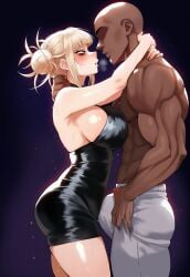blonde_hair blush boku_no_hero_academia boner coomersucc dark-skinned_male dark_skin dress himiko_toga huge_ass huge_breasts hugging in_love interracial looking_at_another looking_at_partner muscular muscular_male my_hero_academia romantic size_difference steam thick_thighs toga_himiko