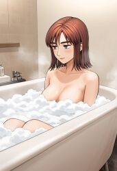 ai_generated bathroom bathtub blush bubble_bath bubbles cowboy_shot female indoors initial_d kyoko_iwase light_smile medium_breasts nude partially_submerged sitting steam thick_eyebrows