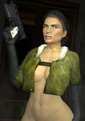 1girls 3d alternate_costume alyx_vance big_breasts black_hair breasts cleavage clothed curvy curvy_female curvy_figure dark-skinned_female female female_only glasses_on_head green_eyes half-life half-life_(series) half-life_2 half-life_2_beta high_resolution highres holding_weapon human human_female jacket jacket_only leather_gloves leather_jacket looking_at_viewer miaschani no_shirt short_hair solo solo_female tactical_nudity tomboy top_heavy valve video_game video_game_character video_game_franchise video_games