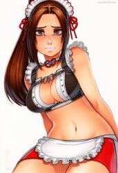 2025 ai_generated apron artist_name breasts brown_hair cleavage crazyfishbones female large_breasts maid maid_headdress navel shiranui_mai solo