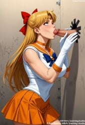 1boy ai_generated aino_minako bangs bishoujo_senshi_sailor_moon blonde_hair blue_bow blue_eyes blue_sailor_collar blue_skirt blush bow bowtie breasts choker circlet clothing cowboy_shot earrings elbow_gloves erection fellatio female female gloves hair_ornament hairbow jewelry jousneystudio large_breasts lips long_hair looking_up magical_girl male minako_aino miniskirt oral orange_choker orange_sailor_collar orange_skirt penis pleated_skirt red_bow ribbon sailor_collar sailor_moon_(series) sailor_senshi_uniform sailor_venus saliva school_uniform shirt skirt solo_focus standing straight stud_earrings testicles uncensored uniform white_gloves white_shirt